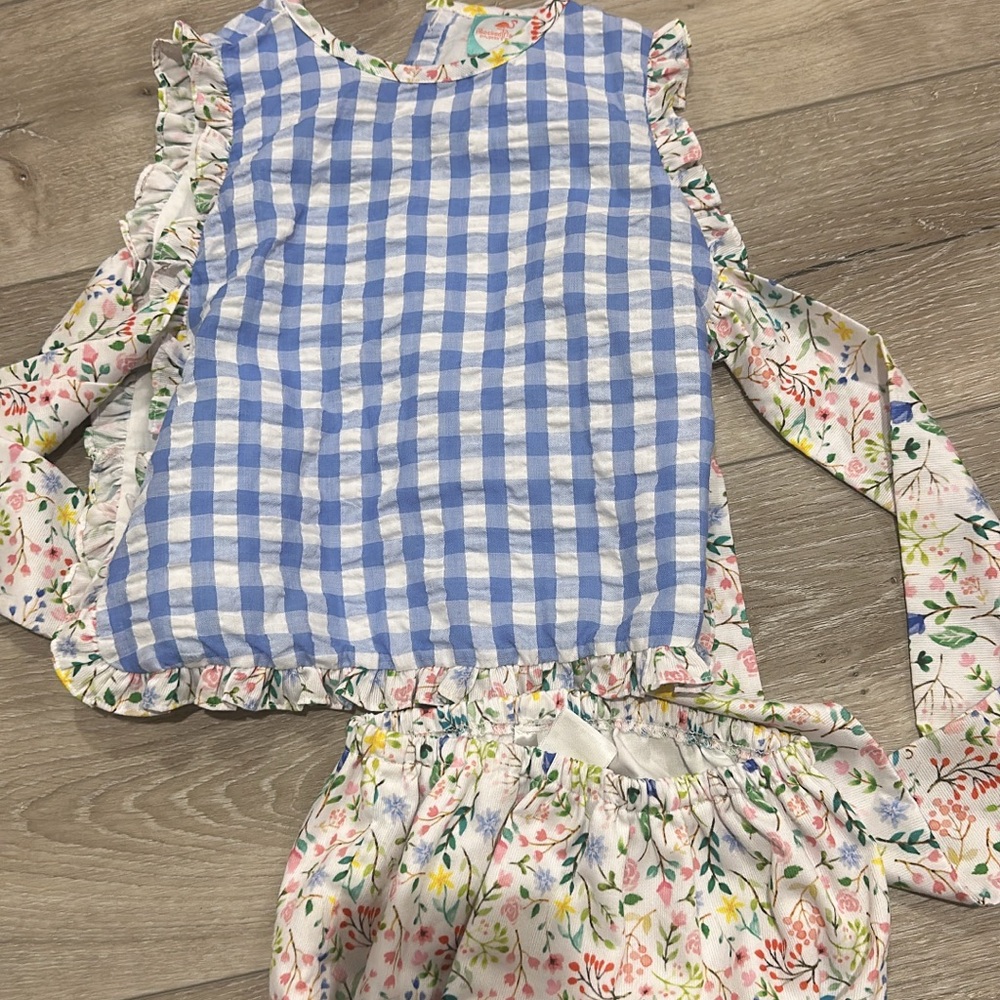 Smocked flamingo Blue Gingham and Floral Dress